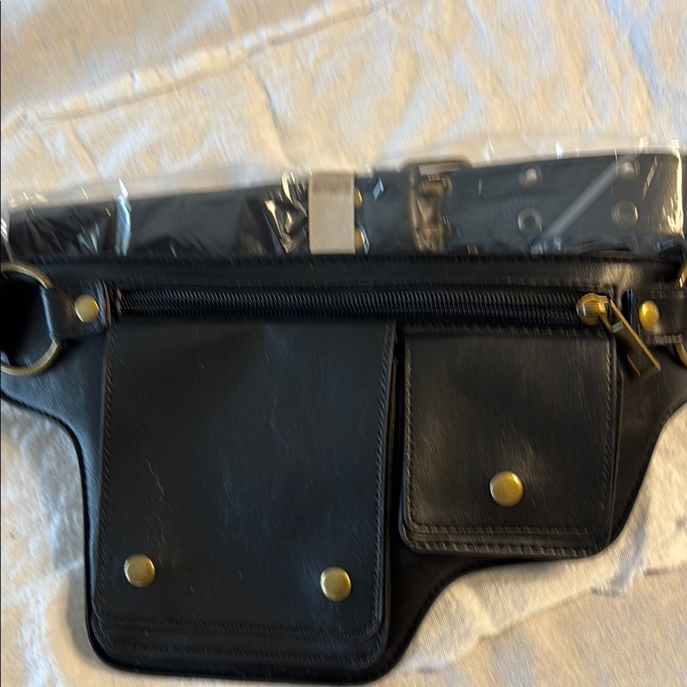 Black Leather Belt Bag with Gold Accents